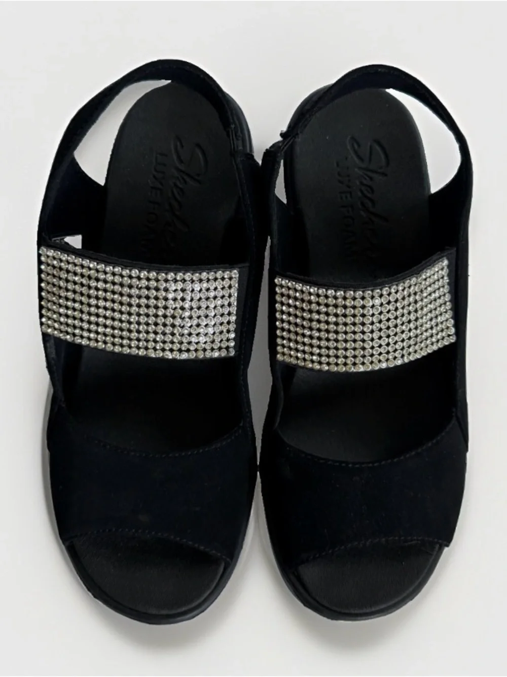 Skechers Luxe Foam Womens 7 Black Rhinestone Wedge Sandals Slingback Open Toe